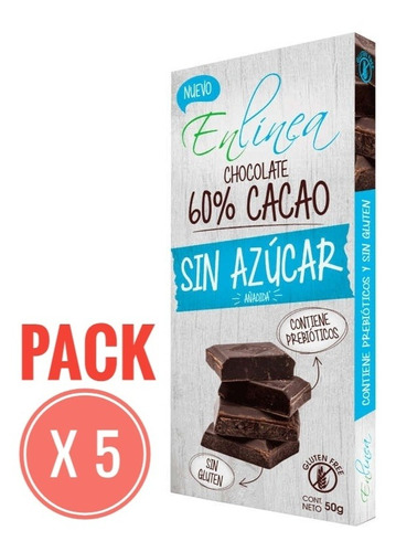 Pack 5 Chocolates 60 % Cacao En Linea Sin Azúcar Sin Gluten