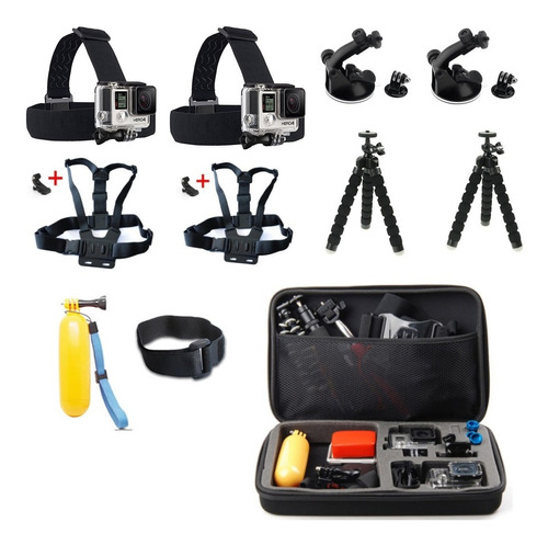 Kit Gopro Hero 7/6/5/4/3 Maleta Case Tripé Flexível Peito