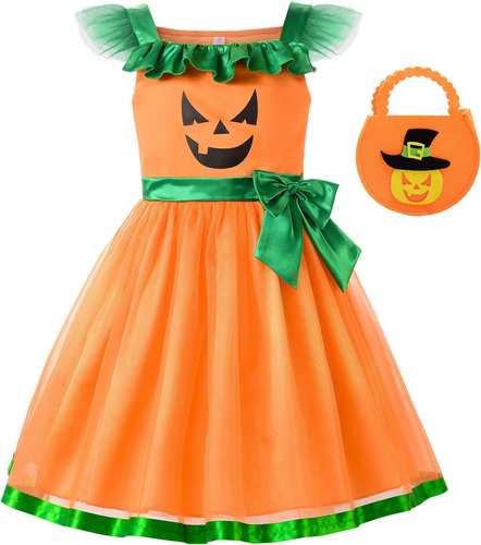 Relibeauty Girl Vestido De Calabaza De Halloween Con Bolso, 