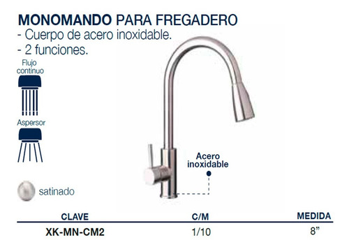 Imagen 5 de 6 de Llave Monomando Grifo Cocina Fregadero Acero Inox 2 Chorros