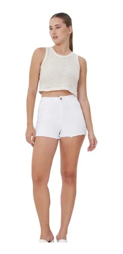 Short De Gabardina Elastizado Blanco Con Roturas Dama