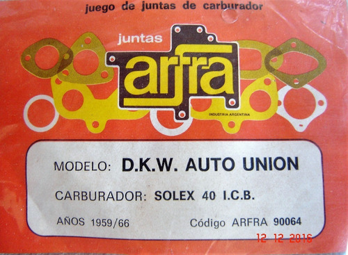 Junta Carburador Solex 40 Icb Dkw Auto Union 59-66 64