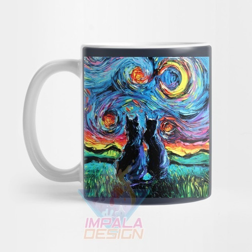 Taza Gato Cat Gatito Noche Estrellada Van Gogh Ceramica