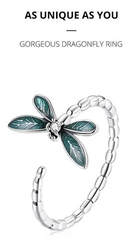 Anillo Plata 925 Ajustable Libélula Verde Joyas Regalo Mujer