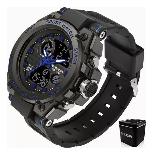 Reloj deportivo militar Sanda 739 S-shock, correa impermeable, color negro, bisel, color azul, color de fondo negro