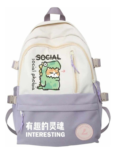 Mochila Kawai Juvenil Grande Coreana Colegio De Dino Gatito 