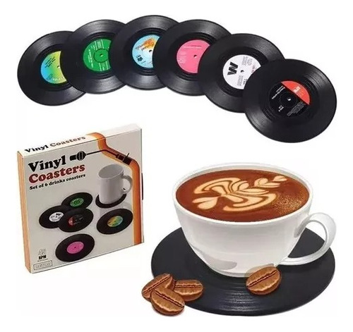 6 Posavasos Tazas Vinilo Disco Retro En Caja