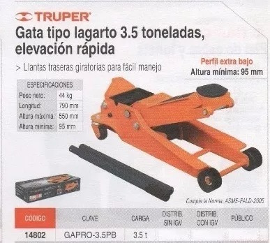 Gata Hidráulica Tipo Patín 3.5 Ton. Profesional Truper 14802