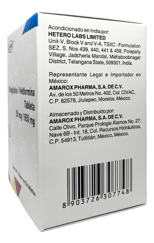 Sitagliptina / Metformina 50mg/850mg Caja Con 56 Tabletas