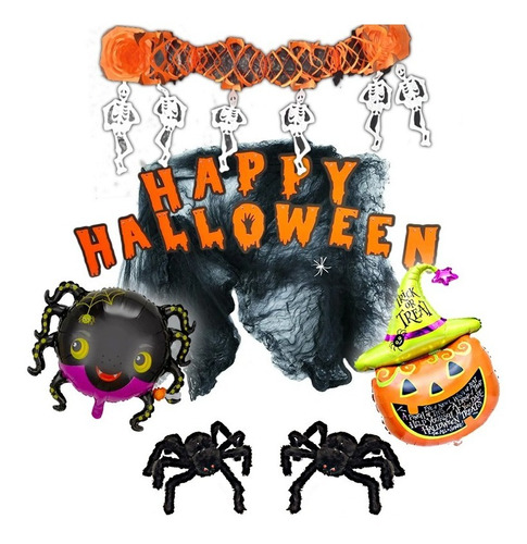 Kit Decoración Halloween Globos + Telaraña + Letras + Arañas