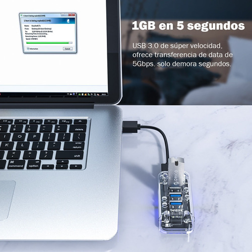 Imagen 3 de 10 de Hub Usb 3.0 Multiplicador 4 Puertos Pc Notebook Transparente