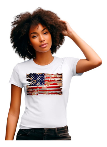 Camiseta Feminina Bc1 Bandeira  Estados  Unidos  Destruida