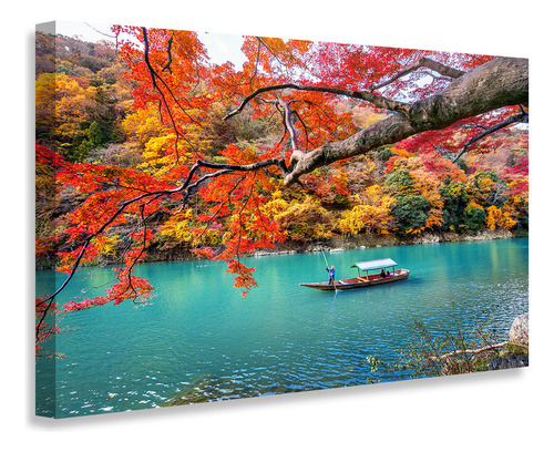 Quadro Impresso Em Tecido Paisagem Outonal Com Lago Azul, Barco Tradicional E Árvores Printoriah