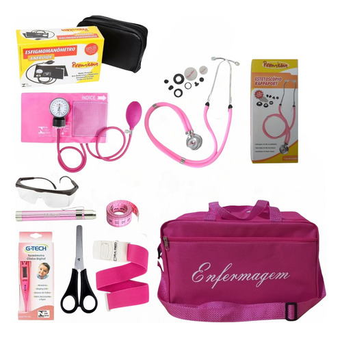 Kit De Enfermagem Rosa Com Medidor De Pressão E Esteto