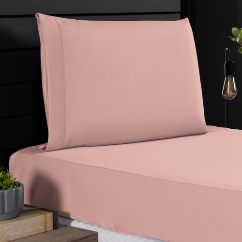 Jogo Roupa Cama Lençol Solteiro 400 Fios 2 Peças Barra Hotel Cor Rose Desenho Do Tecido Liso