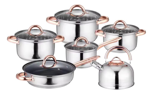 Set De Ollas 12 Pcs Acero Inoxidable Con Detalles Dorados