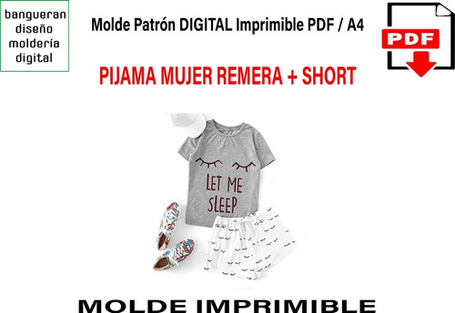 Molde Patrón Imprimible Pijama Mujer Short + Remera Pdf A4
