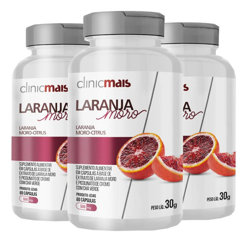 Laranja Moro Picolinato E Chá Verde 60 Cáp 500mg Kit Com 3