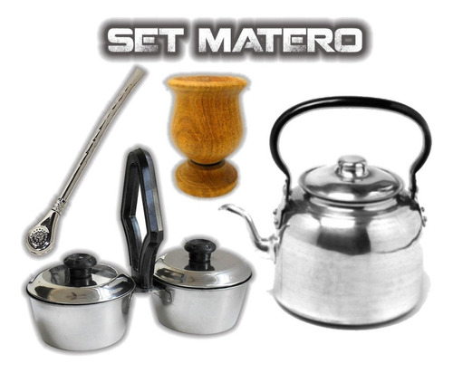 Set Combo Matero Pava Mate Yerbera Bombilla Azucarera Acero 