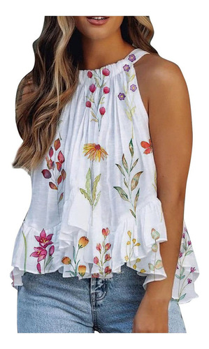 Tops De Cuello Halter Mujer Camisa Floral Camisola Plisada