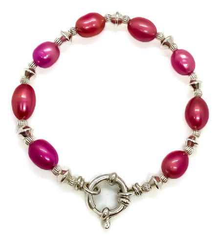 Pulsera Perlas Rosas Con Marinero Plata 925 17 Cm 