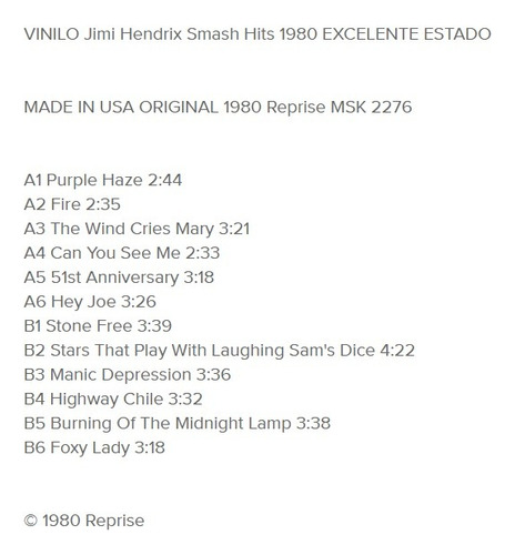 Imagen 2 de 3 de Vinilo Jimi Hendrix Greatest Hits 1980 Hey Joe, Purple Haze