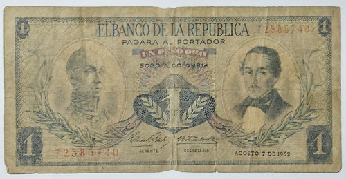 Billete 1 Peso 07/ago/1962 Colombia Vg-f