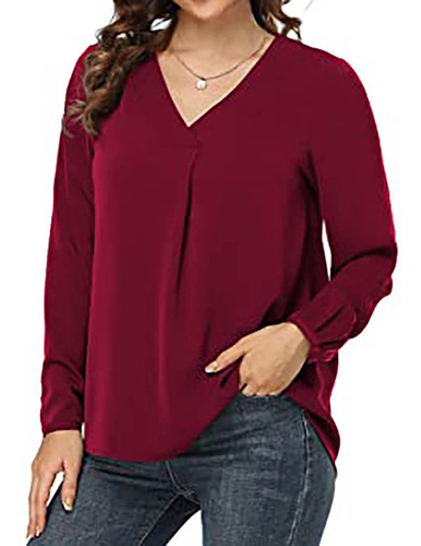 Blusa De Manga Larga Suelta Con Cuello En V Liso Para Mujer