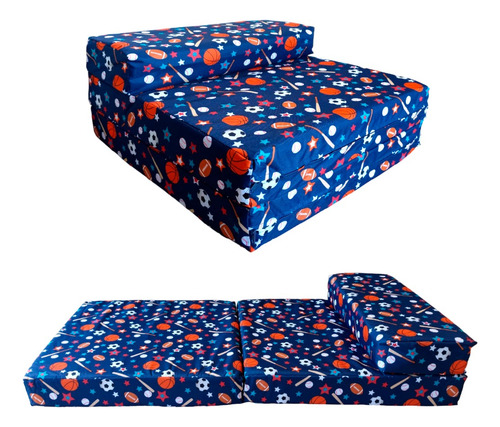 Imagen 4 de 7 de Sofá Cama Infantil Plegable, Colchoneta Con Soporte Firmé Color Azul Pelotas