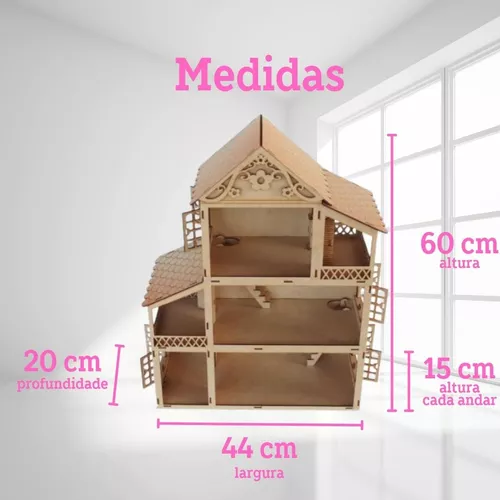 Tamanhos, Medidas e Dimensões】→ Casa Casinha para Boneca Barbie com 24 Mini  Móveis em Mdf Cru Csb1