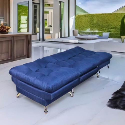Sillón Con Taburete Futon Individual Sofa Cama Lino Hueso