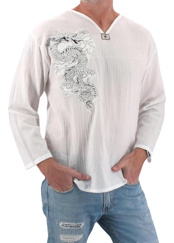 Polera De Dragón Blanco Para Hombre 100% Algodón Hippie Tail