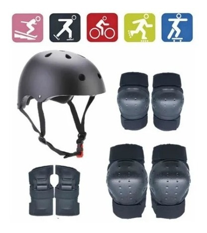 Set Protecciones Casco Bicicleta Skate Scooter Patine Negro