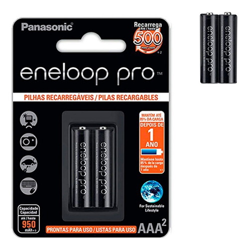 2 Pilhas Panasonic Eneloop Pro recarregáveis AAA Palito 950mAh