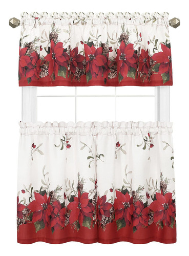 Blooming Poinsettias Bordered Christmas Fabric Tier Cur...