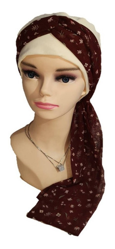 Turbante Gorro Dama Elegante Con Mascada Oncólogico Quimio Color Beige Con Tinto