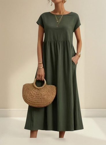 Vestido Suelto De Algodón Y Lino Con Bolsillo