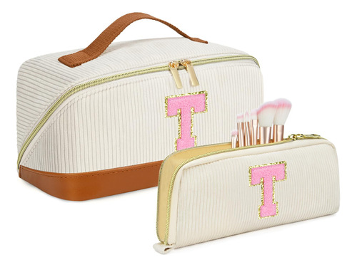 Cosmetiquera Set Con Bolsa Para Brochas Color Beige Letra T