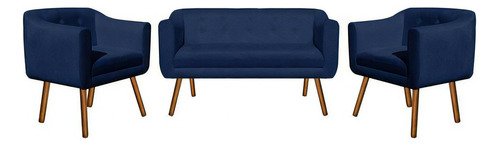Kit Sofá Retrô E 02 Poltronas Julia Suede Azul Marinho Cor Azul-marinho