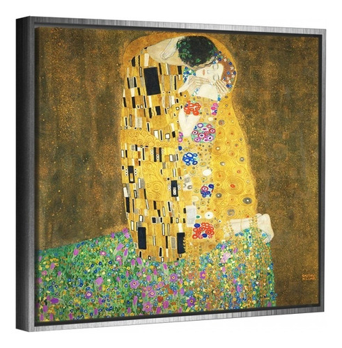 Cuadro Beso Klimt 120x120cm Con Bastidor En Lienzo Canvas Color Dorado , Arena