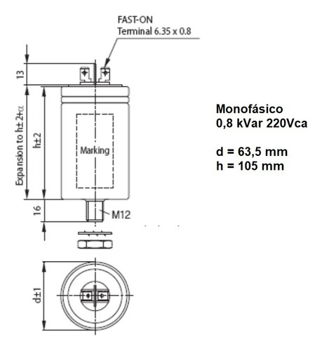 Capacitor Correção Fator Potência Monofásico 220vca 0,8 Kvar
