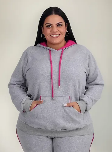 Blusa Moletom Plus Size Feminina Capuz Bolso Canguru 46 A 60