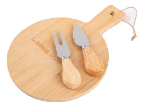 Set Para Picar Quesos Tabla Madera 18cm + Cuchillo Y Tenedor Set Para Quesos Marrón Claro