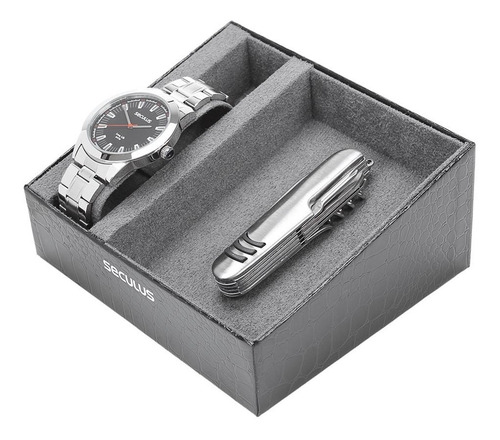 Imagem 2 de 7 de Relógio Prata Masculino Seculus Long Life E Canivete 23810
