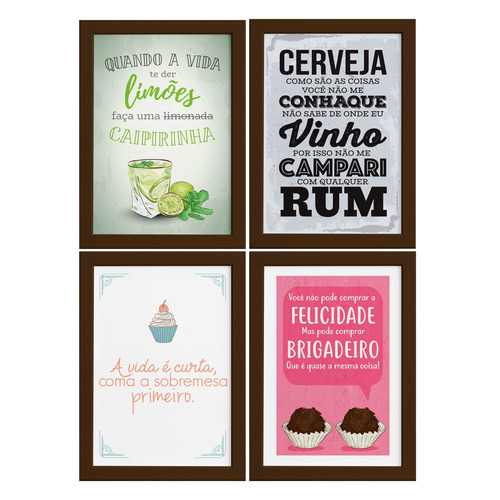 Quadros Cozinha Drinks E Desserts Moldura Marrom 33x43cm 4un