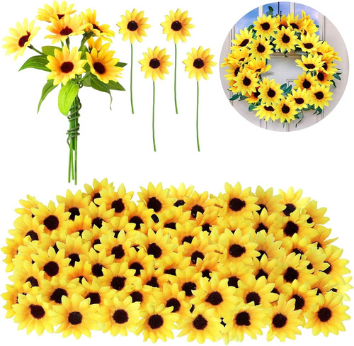 50 Piezas De Mini Cabezas De Girasol Artificial Con Tallos D