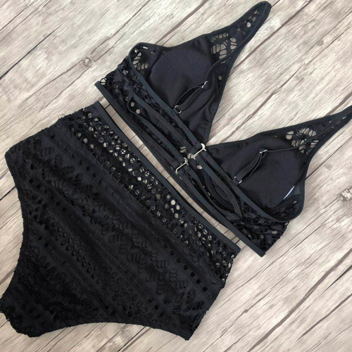 Conjunto De Bikini Con Cuello En V Y Cintura Alta Con Encaje