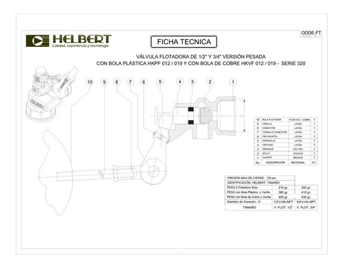 Imagen 2 de 3 de Valvula Flotador Helbert Bronce 1/2