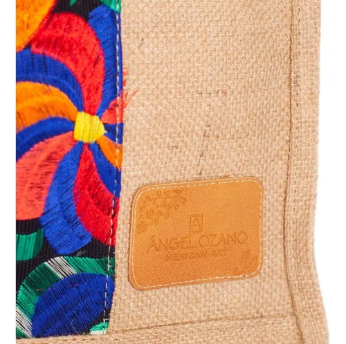 Bolso Artesanal Tipo Shoper En Yute Con Telar Artesanal Flor Diseño De La Tela Marimar Chica