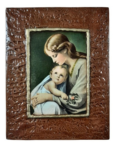 Cuadro Virgen María Con Niño Jesús - 11 X 15 Cm - Estucado 